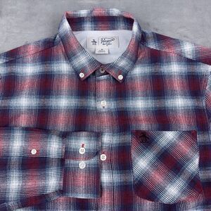 Penguin Shirt Mens Size M Red White Blue Paid Button Up Flannel Long Sleeve
